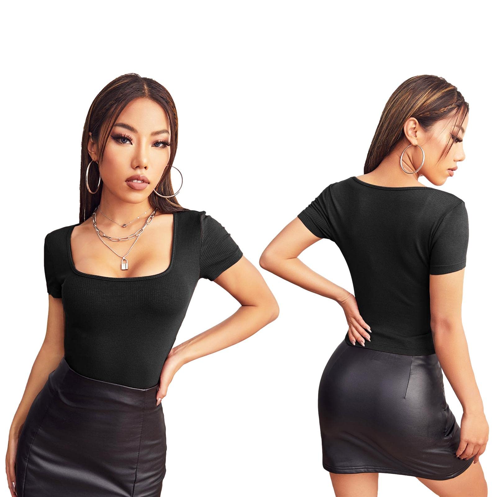 Women's Basic Square Neck Tee Sleeve Rib Knit Square Neck T-Shirt